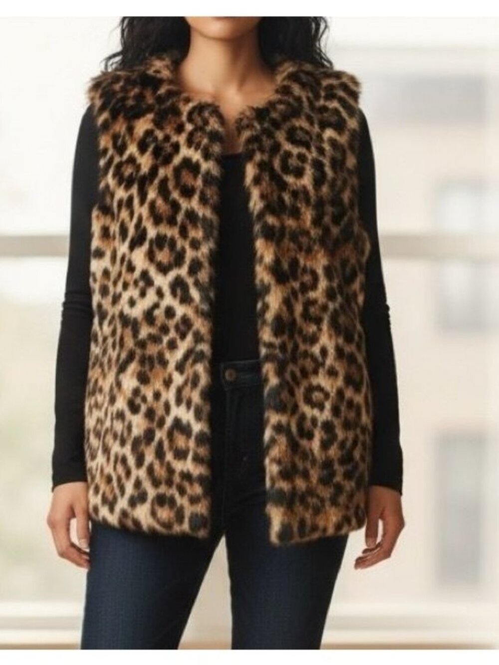 Talbots Leopard Print Faux Fur Vest Womens Small Brown Black Lined Animal Print